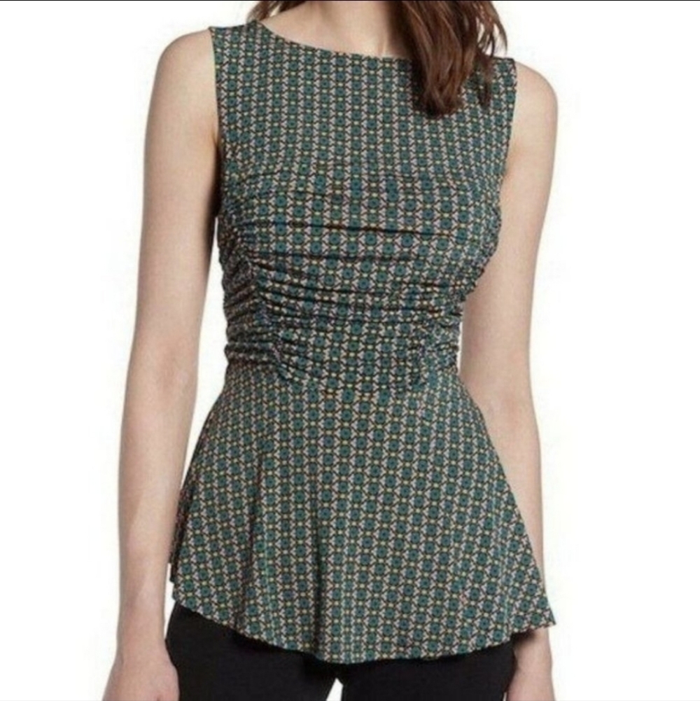 Halogen Sleeveless Ruched Retro Geometric Print Top